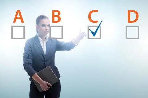 Multiple choice test question concept with business people Stockfoto's
