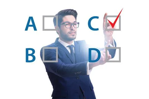 Multiple choice test question concept with business people Stockfoto's