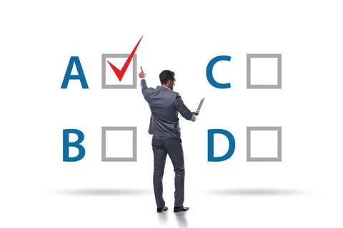 Multiple choice test question concept with business people Stockfoto's