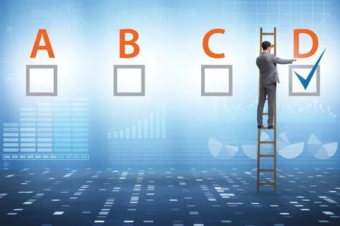 Multiple choice test question concept with business people Stockfoto's