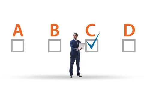 Multiple choice test question concept with business people Stockfoto's