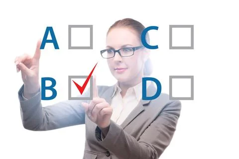 Multiple choice test question concept with business people Stockfoto's