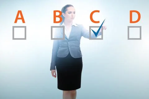 Multiple choice test question concept with business people Stockfoto's