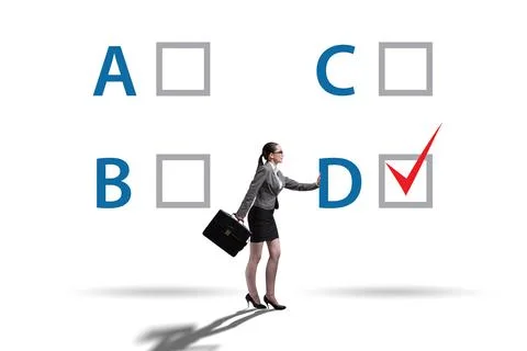 Multiple choice test question concept with business people Stockfoto's