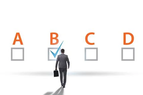 Multiple choice test question concept with business people Stockfoto's