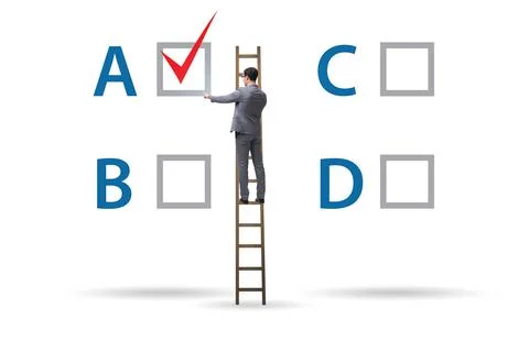 Multiple choice test question concept with business people Stockfoto's