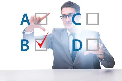 Multiple choice test question concept with business people Stockfoto's