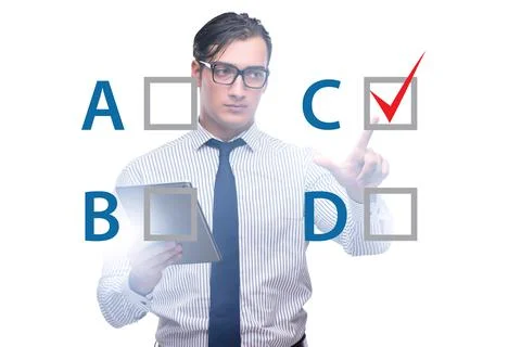 Multiple choice test question concept with business people Stockfoto's
