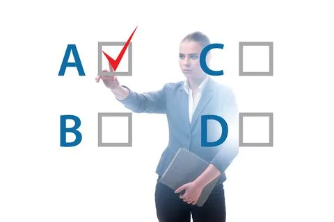 Multiple choice test question concept with business people Stockfoto's