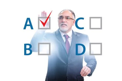 Multiple choice test question concept with business people Stockfoto's