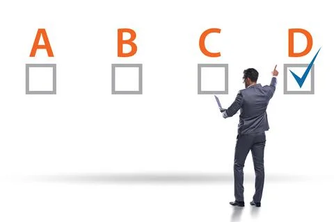 Multiple choice test question concept with business people Stockfoto's