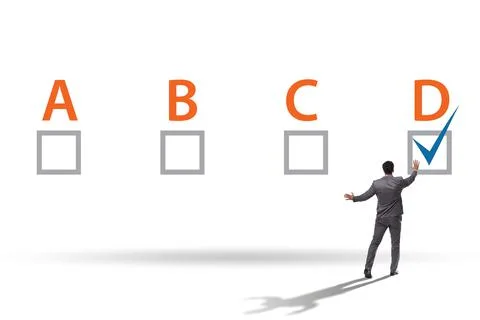 Multiple choice test question concept with business people Stockfoto's