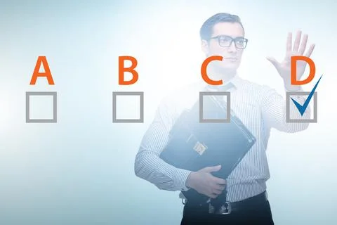 Multiple choice test question concept with business people Stockfoto's