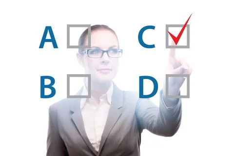 Multiple choice test question concept with business people Stockfoto's