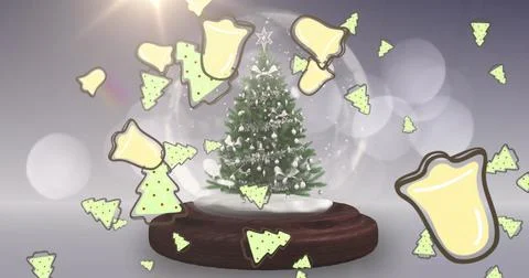 Multiple christmas tree icons falling against shooting star around a christmas Stock Illustration