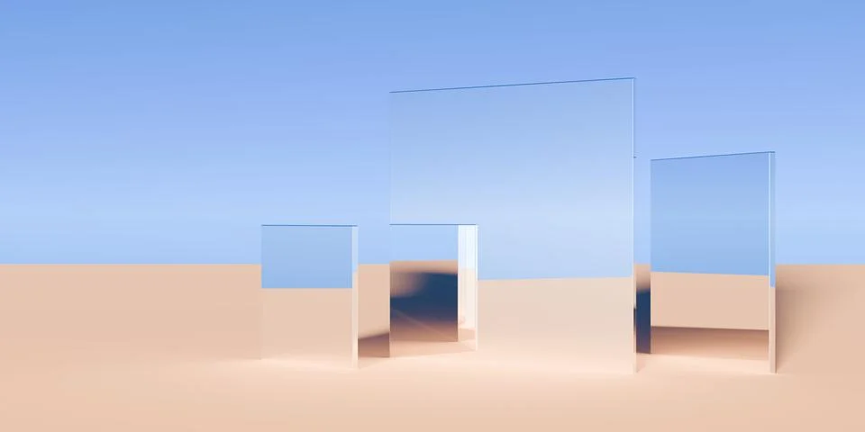 Multiple chrome retro box or monolith objects in surreal abstract desert la.. Stock Illustration