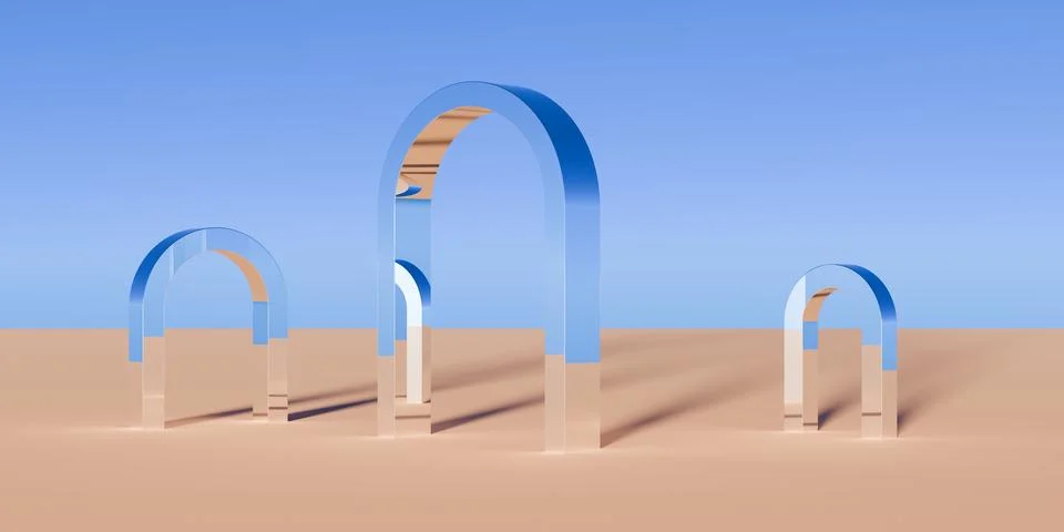 Multiple chrome retro doorframe or portal objects in surreal abstract deser.. Stock Illustration