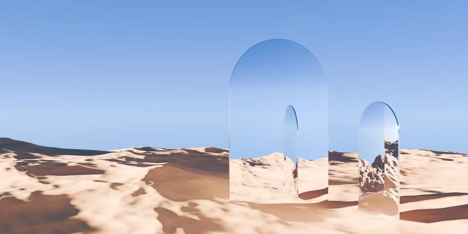 Multiple chrome retro flat geometrical objects in surreal abstract desert l.. Stock Illustration
