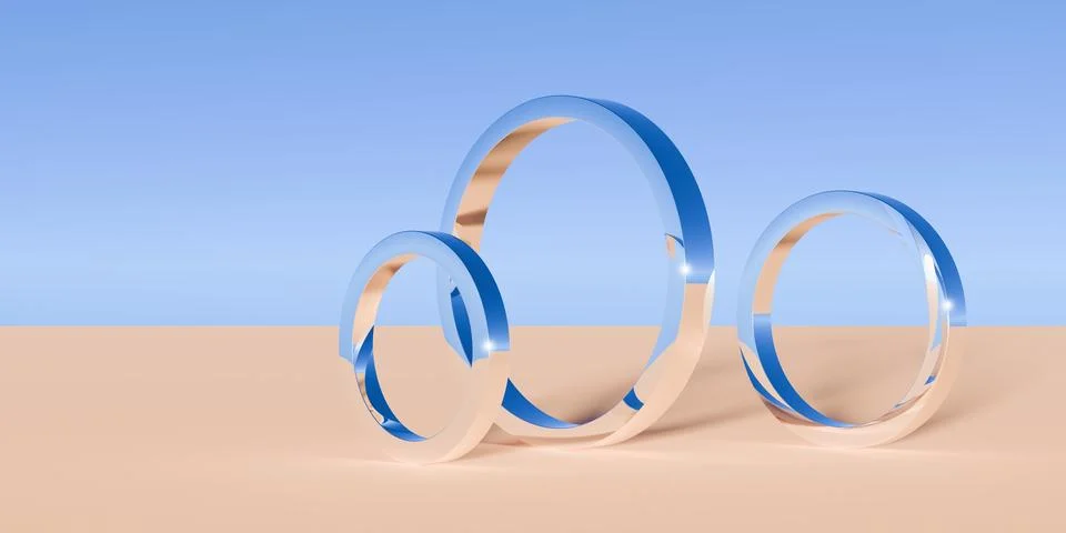 Multiple chrome retro rings objects in surreal abstract desert landscape wi.. Stock Illustration