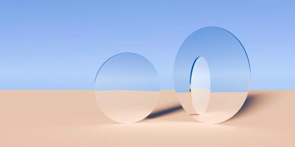 Multiple chrome retro round disc objects in surreal abstract desert landsca.. Stock Illustration