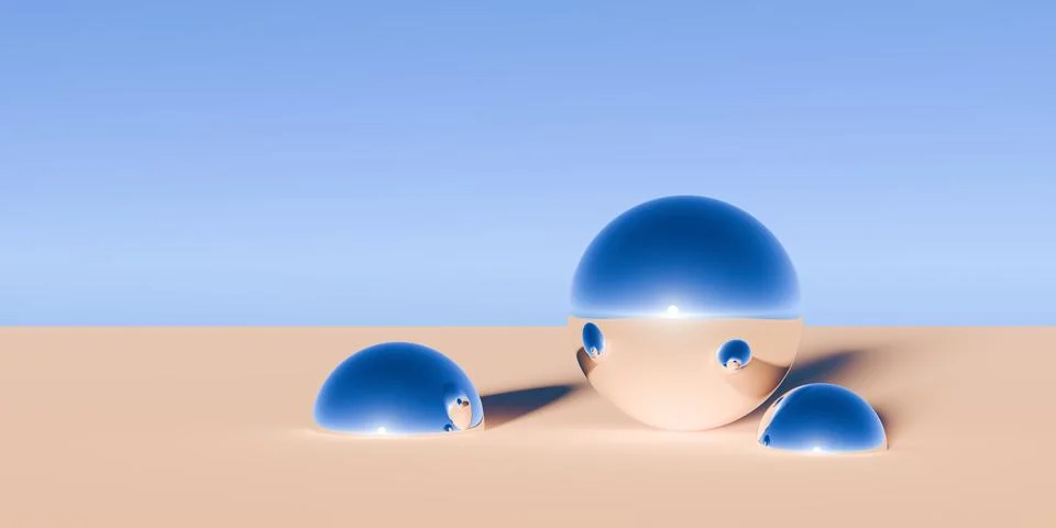 Multiple chrome retro sphere or ball objects in surreal abstract desert lan.. Stock Illustration