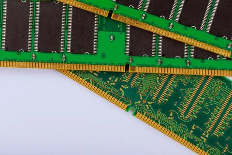 Multiple circuit boards with memory chips arranged displayed on flat surface 스톡 사진