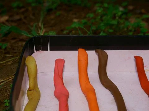 Multiple clay made snake soft toy kept on box, Animal art presentation image. 스톡 사진