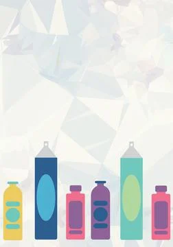 Multiple cleaning detergent bottle icons against 3d geometrical shapes on white Illustrazione stock