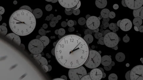 Multiple clocks with fast-spinning hands fly chaotically toward the camera in a Stock Footage 313742912
