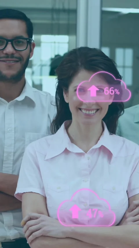 Multiple cloud icon with increasing percentage against group of people in office Stock Footage 323781379