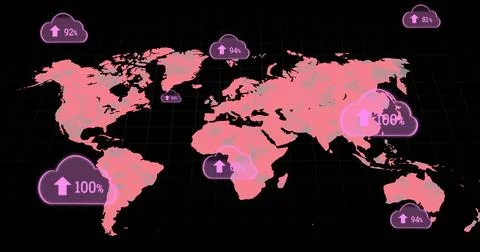 Multiple cloud icons with increasing percentage against world map on black イラスト素材