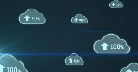 Multiple cloud icons with increasing percentage floating against spot of light 스톡 사진