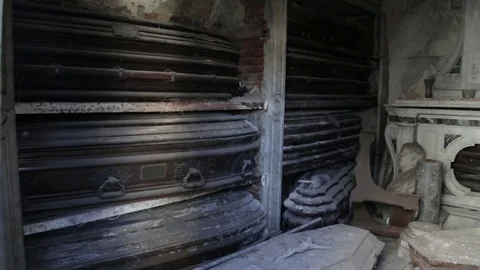 Multiple Coffins Stacked in Tomb Stock Footage 72935443