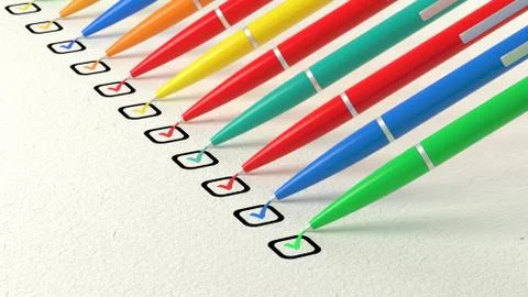 Multiple colored ball pens crossing off items from a checklist Stock Illustration