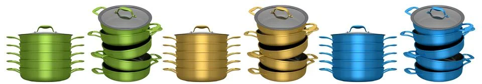Multiple colored cooking pots with handles and lids shown in sets and singles Illustration
