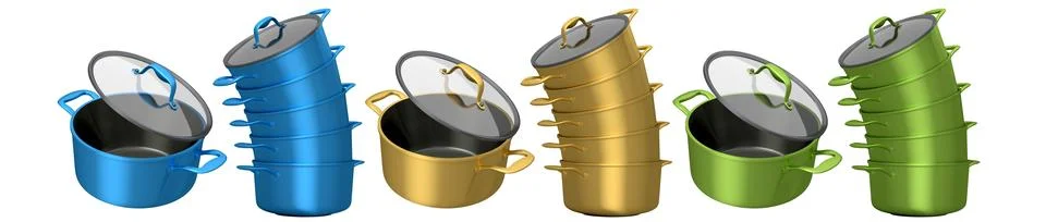 Multiple colored cooking pots with handles and lids shown in sets and singles Illustration