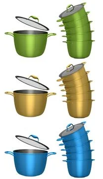 Multiple colored cooking pots with handles and lids shown in sets and singles Illustration