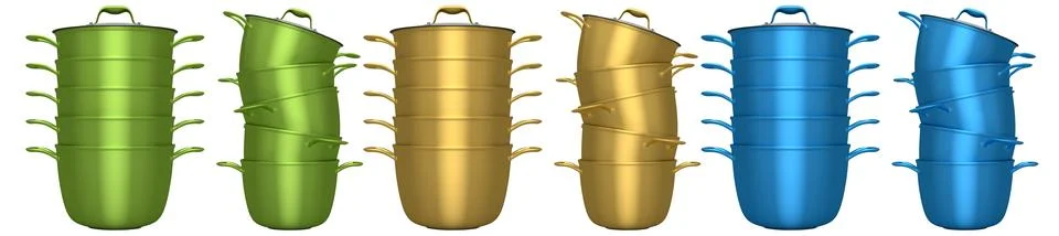 Multiple colored cooking pots with handles and lids shown in sets and singles Illustration