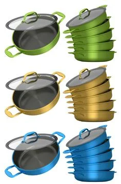 Multiple colored cooking pots with handles and lids shown in sets and singl.. Illustration