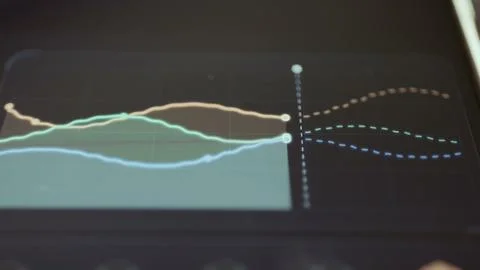 Multiple colored line and area curves extend from historical performance Fotos Stock