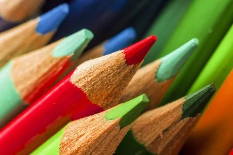 Multiple colored pencils grouped together, balearic islands spain Stock Photos