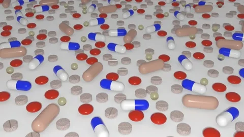 Multiple colored tablets, pills, capsules on a white background. 3d render Video stock 165904567
