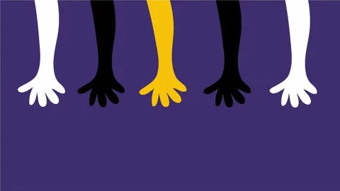 Multiple colorful cat legs standing against solid purple background Stock Footage 317603650