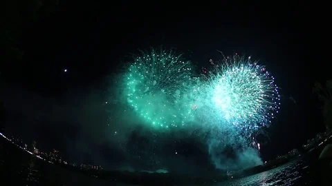 Multiple colorful fireworks exploding in the sky of Fukuoka city. Fish-eye lens Stock Footage 78346277