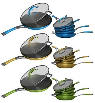 Multiple colorful frying pan sets with lids isolated on a white background, s Stock Illustration