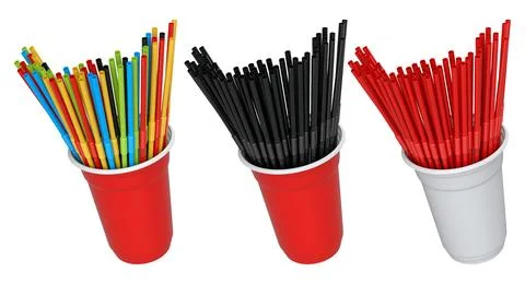 Multiple colorful plastic straws arranged in plastic cups isolated on white.. Stock Illustration