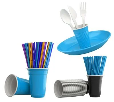 Multiple colorful plastic straws arranged in plastic cups isolated on white Stock Illustration