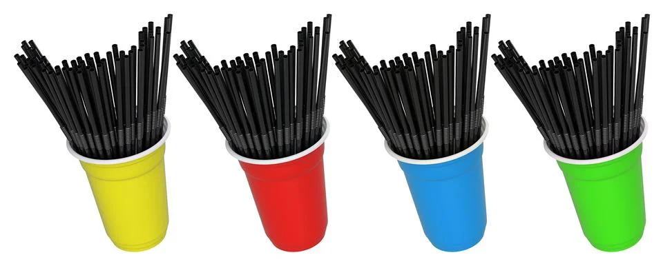Multiple colorful plastic straws arranged in plastic cups isolated on white Stock Illustration