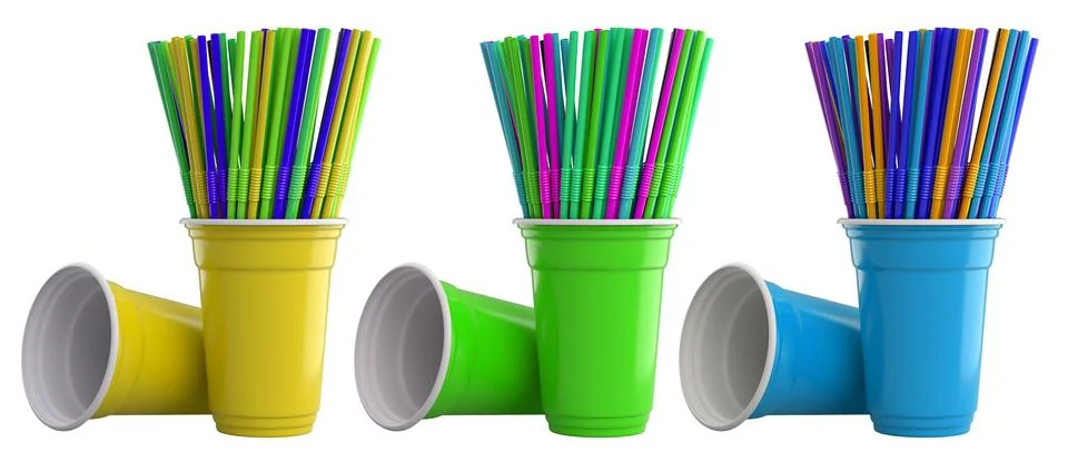 Multiple colorful plastic straws arranged in plastic cups isolated on white Stock Illustration
