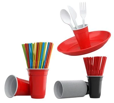 Multiple colorful plastic straws arranged in plastic cups isolated on white Stock Illustration
